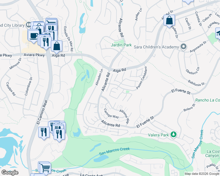 map of restaurants, bars, coffee shops, grocery stores, and more near 7085 Murillo Lane in Carlsbad