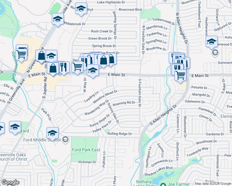 map of restaurants, bars, coffee shops, grocery stores, and more near 810 Wandering Way Drive in Allen