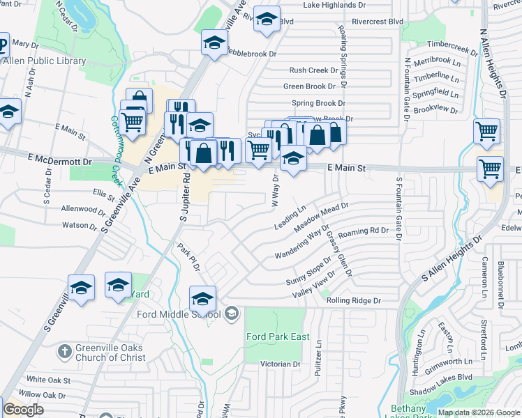 map of restaurants, bars, coffee shops, grocery stores, and more near 723 Leading Lane Drive in Allen