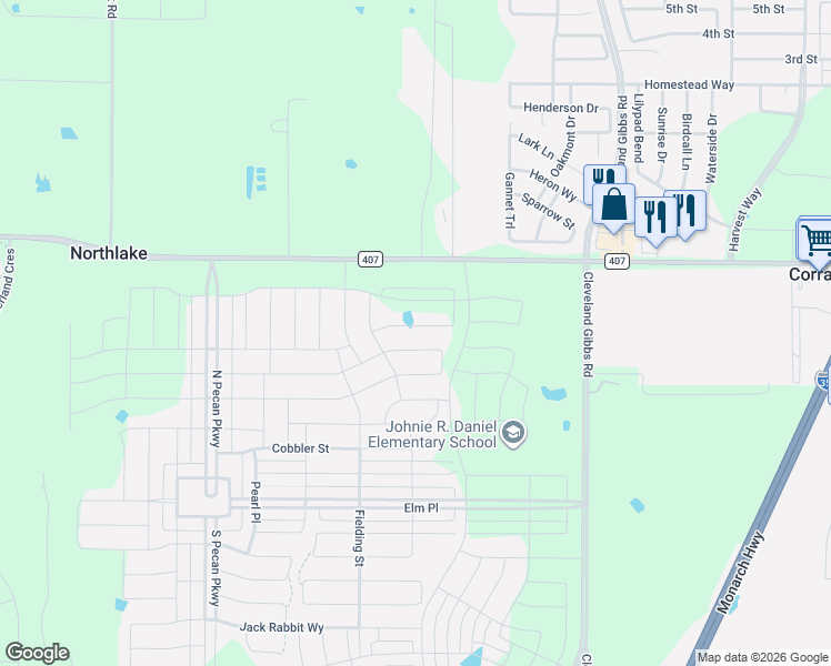 map of restaurants, bars, coffee shops, grocery stores, and more near 1400 Farm to Market Road 407 in Northlake