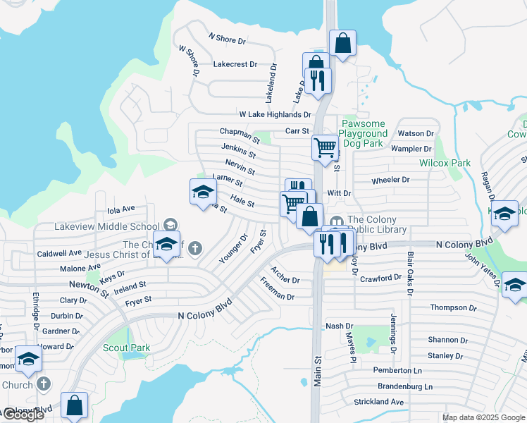 map of restaurants, bars, coffee shops, grocery stores, and more near 6889 Fryer Street in The Colony