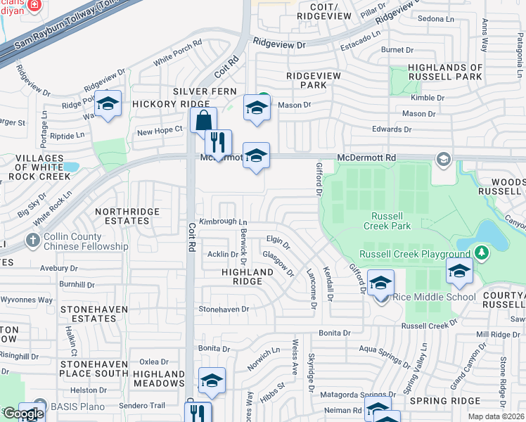 map of restaurants, bars, coffee shops, grocery stores, and more near 3721 Waddell Drive in Plano