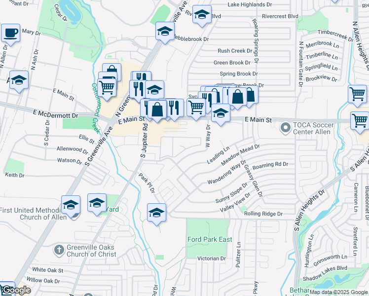 map of restaurants, bars, coffee shops, grocery stores, and more near 132 West Way Drive in Allen