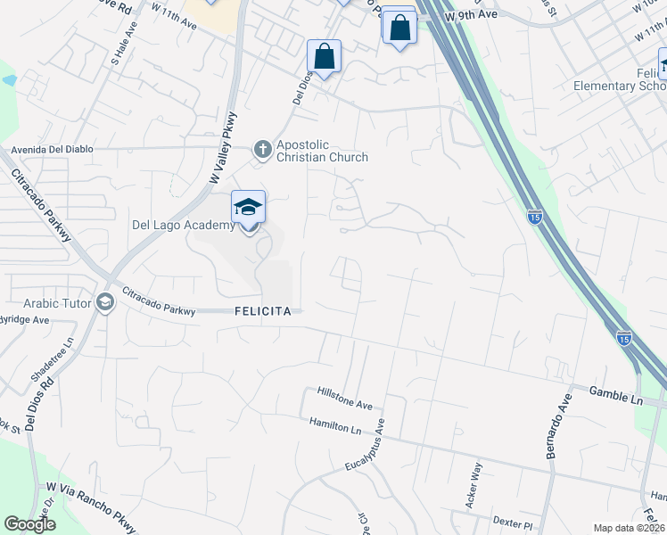 map of restaurants, bars, coffee shops, grocery stores, and more near 1381 Amanda Glen South in Escondido