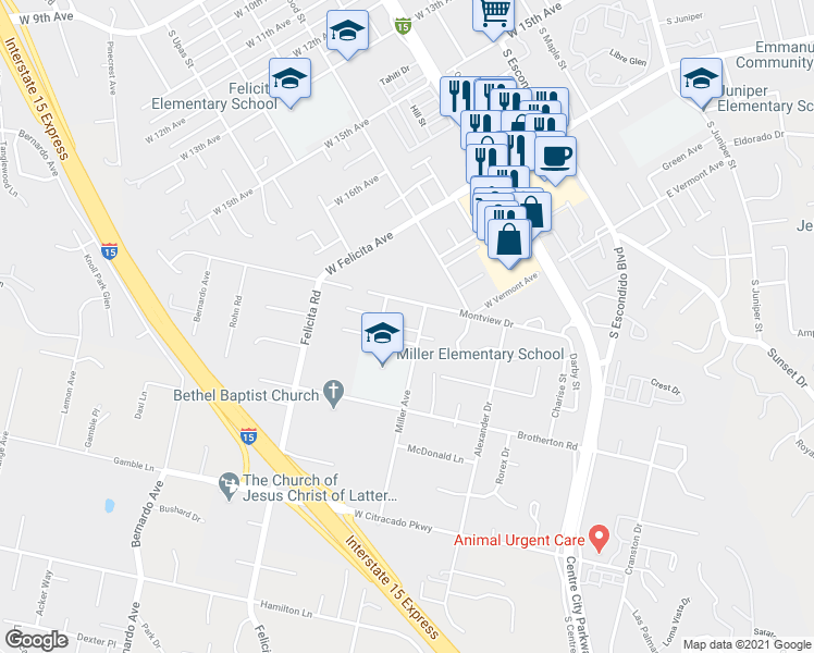 map of restaurants, bars, coffee shops, grocery stores, and more near 825 Montview Drive in Escondido