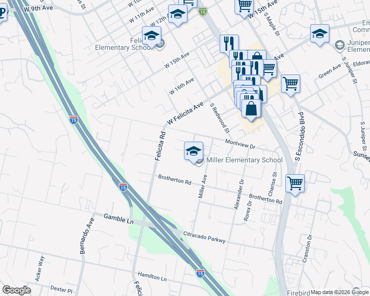 map of restaurants, bars, coffee shops, grocery stores, and more near 832 Casa De Oro Place in Escondido