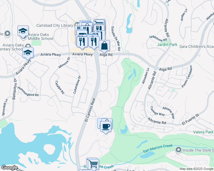 map of restaurants, bars, coffee shops, grocery stores, and more near 7115 Estrella De Mar Road in Carlsbad