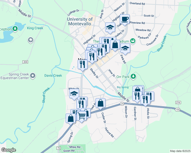 map of restaurants, bars, coffee shops, grocery stores, and more near 613 Shelby Street in Montevallo