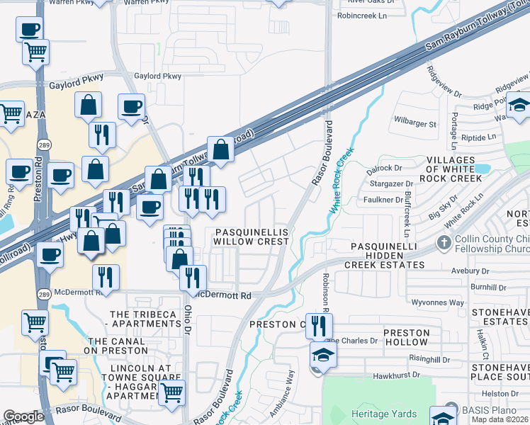 map of restaurants, bars, coffee shops, grocery stores, and more near 8733 Argentine Way in Plano