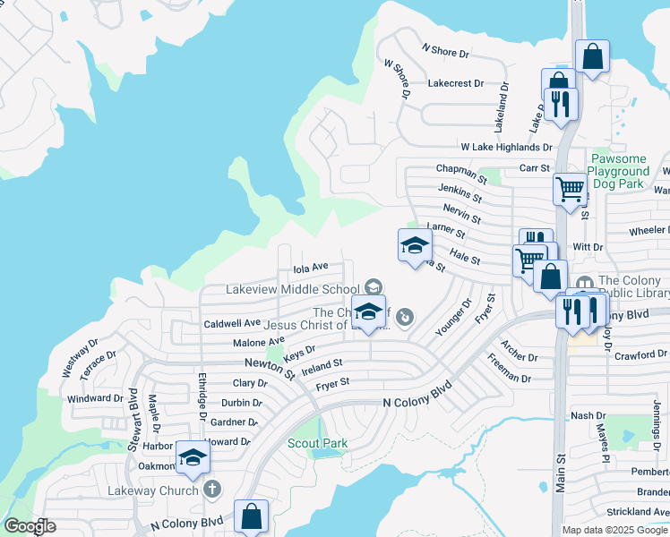 map of restaurants, bars, coffee shops, grocery stores, and more near 7104 Elliot Court in The Colony