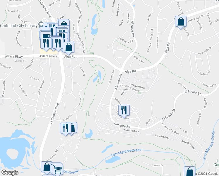 map of restaurants, bars, coffee shops, grocery stores, and more near 7104 Almaden Lane in Carlsbad