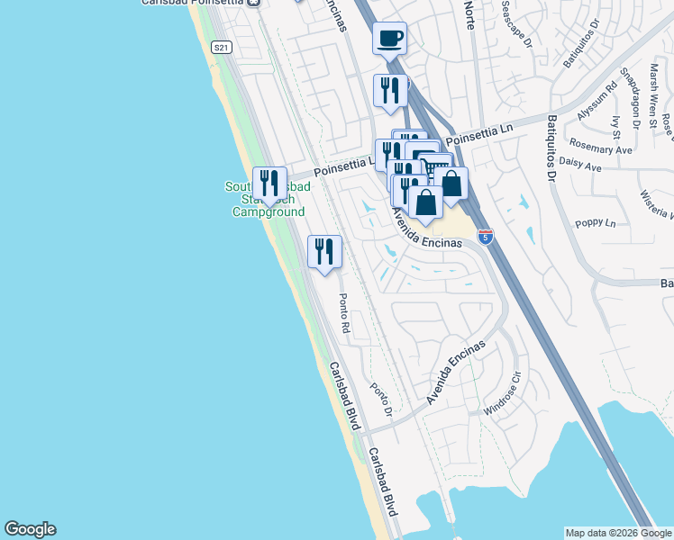 map of restaurants, bars, coffee shops, grocery stores, and more near 2 Ponto Road in Carlsbad