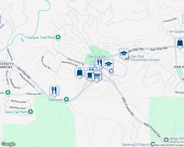 map of restaurants, bars, coffee shops, grocery stores, and more near San Elijo Rd & Elfin Forest Rd W in San Marcos