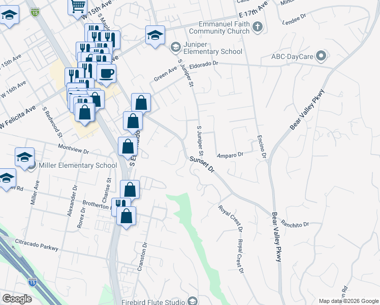 map of restaurants, bars, coffee shops, grocery stores, and more near 2132 Sunset Drive in Escondido