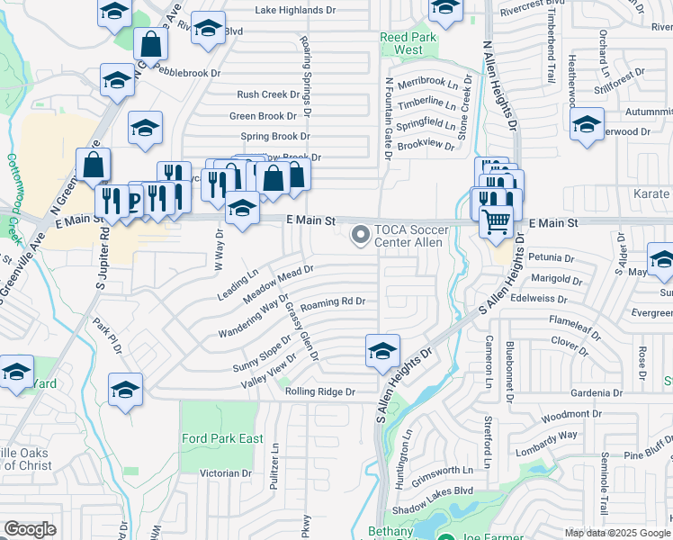 map of restaurants, bars, coffee shops, grocery stores, and more near 917 Meadow Mead Drive in Allen