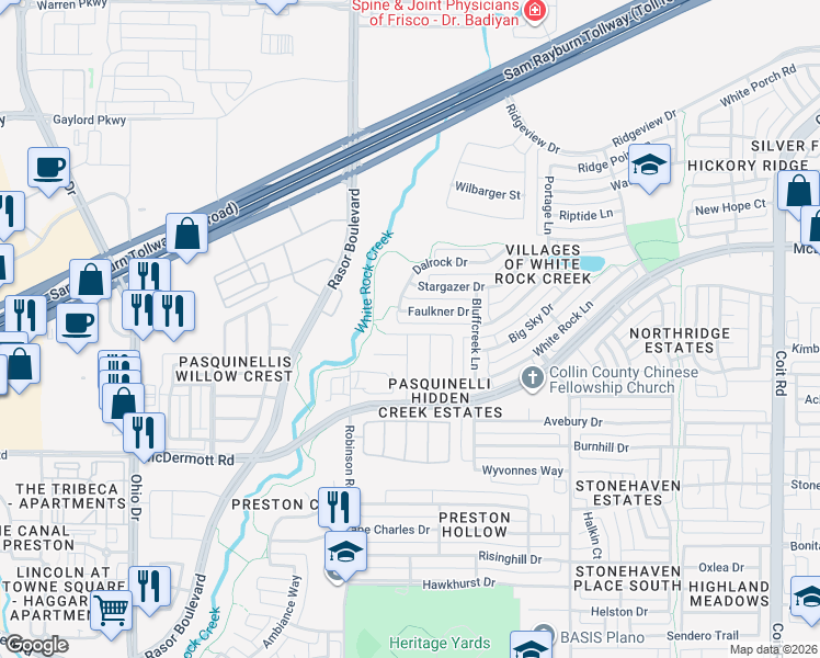 map of restaurants, bars, coffee shops, grocery stores, and more near 4639 Penelope Lane in Plano