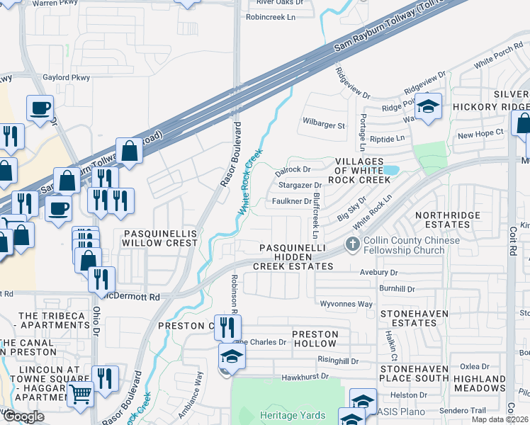 map of restaurants, bars, coffee shops, grocery stores, and more near 4637 Faulkner Drive in Plano