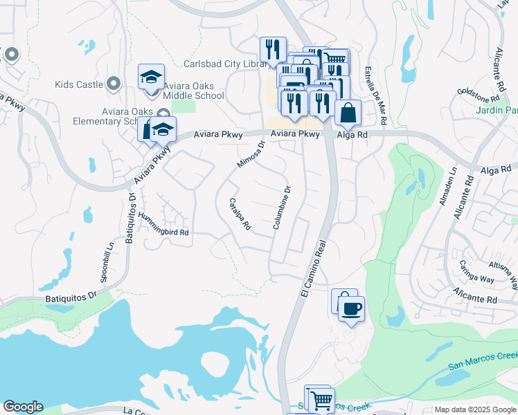 map of restaurants, bars, coffee shops, grocery stores, and more near 1739 Mallow Court in Carlsbad