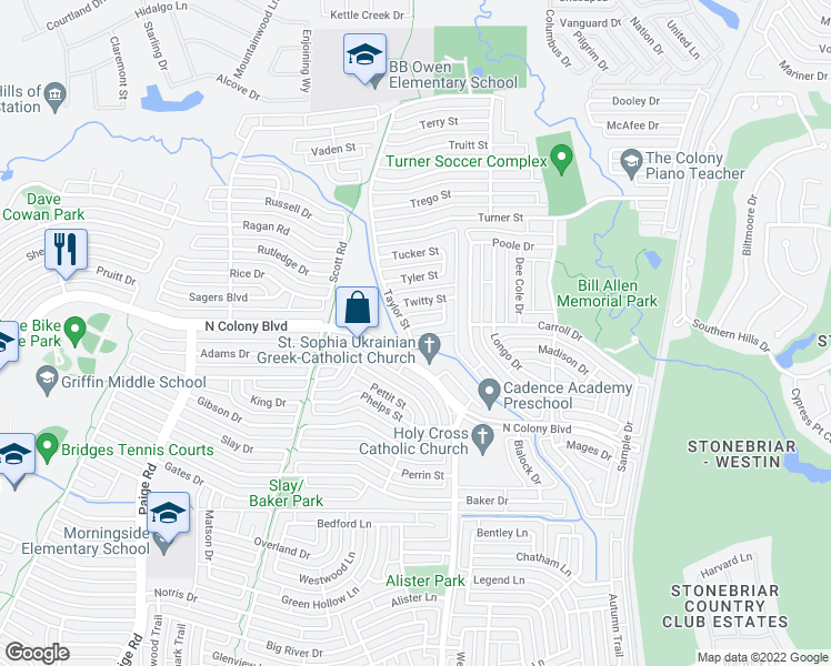 map of restaurants, bars, coffee shops, grocery stores, and more near 5601 Usher Street in The Colony