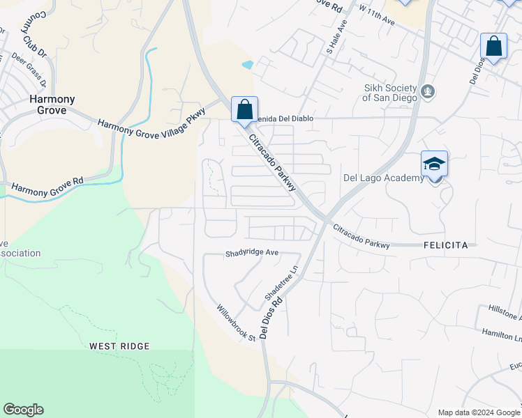 map of restaurants, bars, coffee shops, grocery stores, and more near 1751 West Citracado Parkway in Escondido