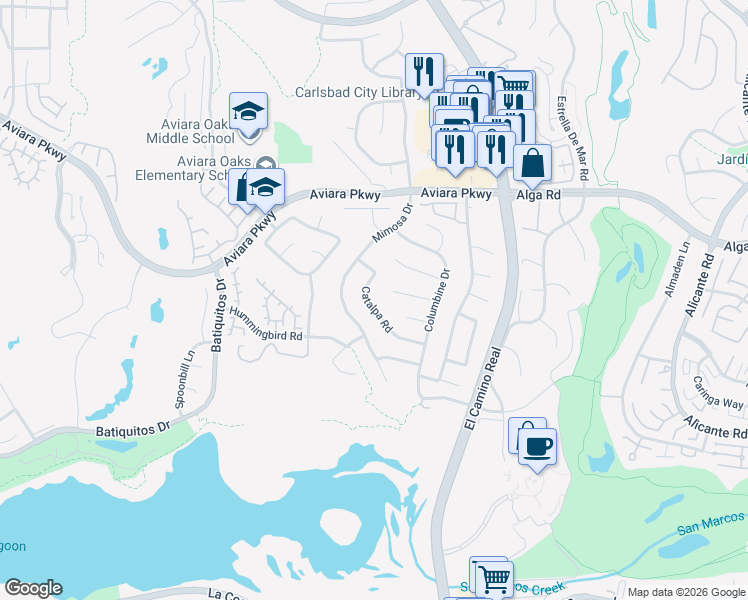 map of restaurants, bars, coffee shops, grocery stores, and more near 1735 Cereus Court in Carlsbad
