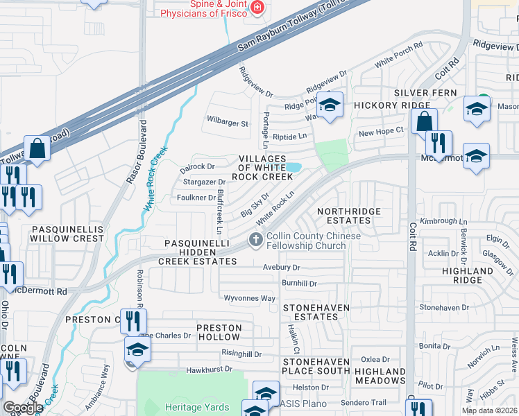 map of restaurants, bars, coffee shops, grocery stores, and more near 4476 Sandy Water Lane in Plano