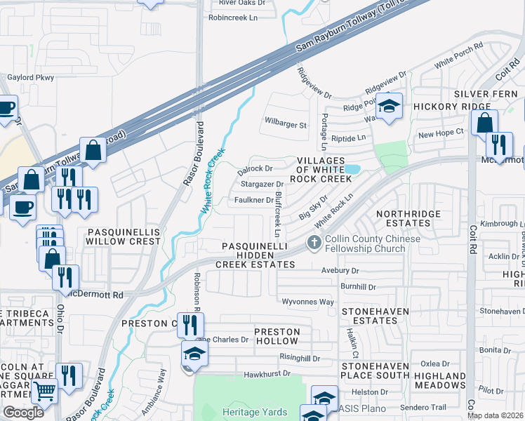 map of restaurants, bars, coffee shops, grocery stores, and more near 4613 Faulkner Drive in Plano