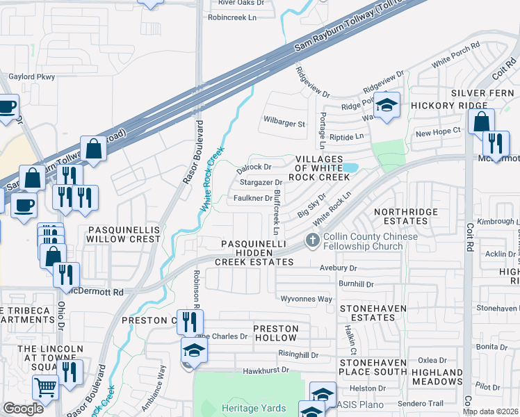 map of restaurants, bars, coffee shops, grocery stores, and more near 4613 Faulkner Drive in Plano