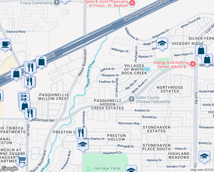 map of restaurants, bars, coffee shops, grocery stores, and more near 4613 Faulkner Drive in Plano