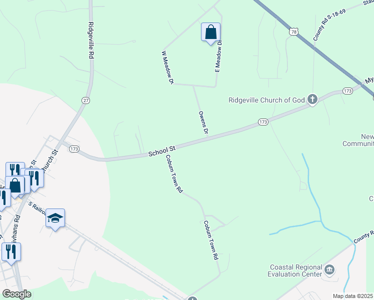 map of restaurants, bars, coffee shops, grocery stores, and more near 273 School Street in Ridgeville