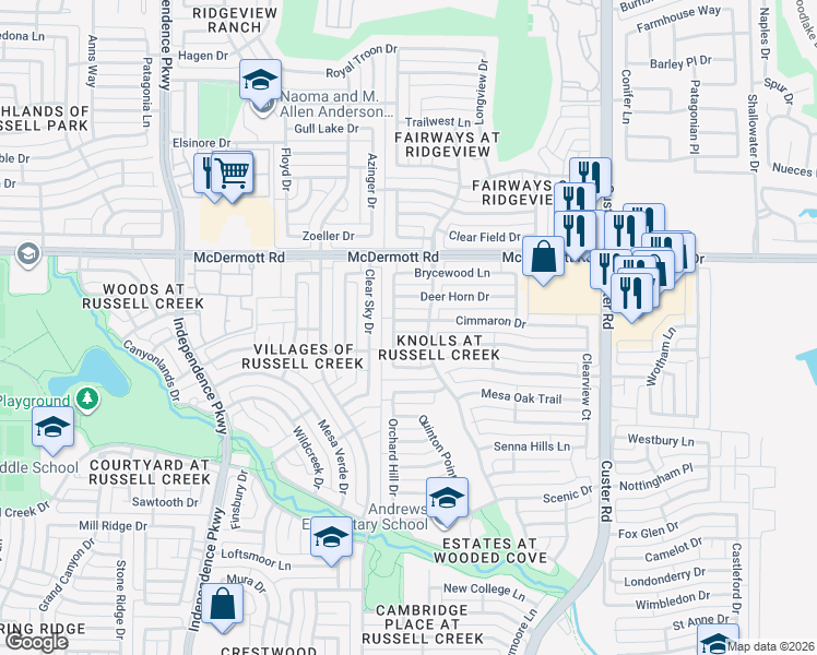 map of restaurants, bars, coffee shops, grocery stores, and more near 2509 Cimmaron Drive in Plano