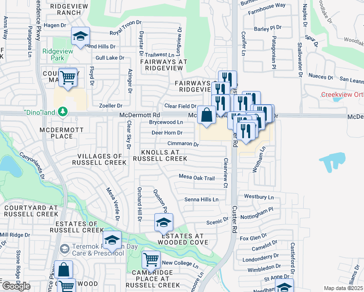 map of restaurants, bars, coffee shops, grocery stores, and more near 2421 Cimmaron Drive in Plano