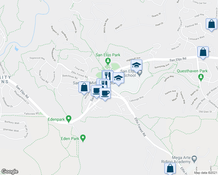 map of restaurants, bars, coffee shops, grocery stores, and more near San Elijo Road & Elfin Forest Road in San Marcos