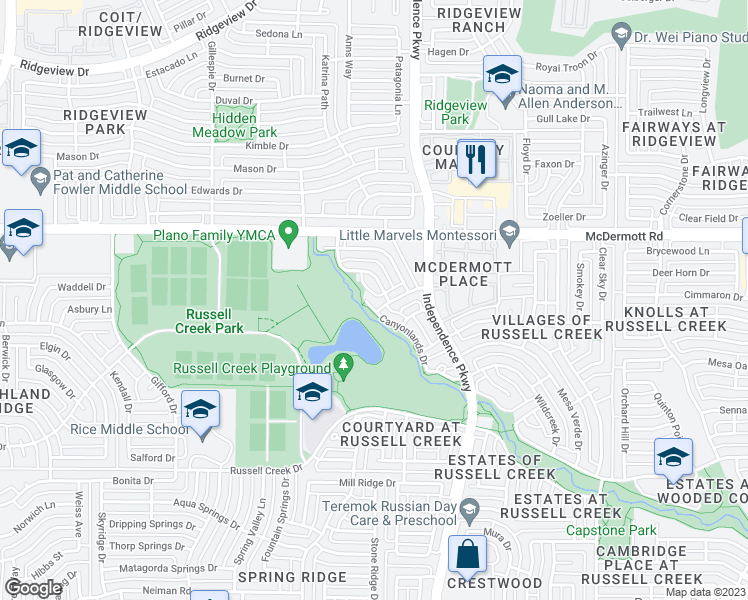 map of restaurants, bars, coffee shops, grocery stores, and more near 8912 Canyonlands Drive in Plano