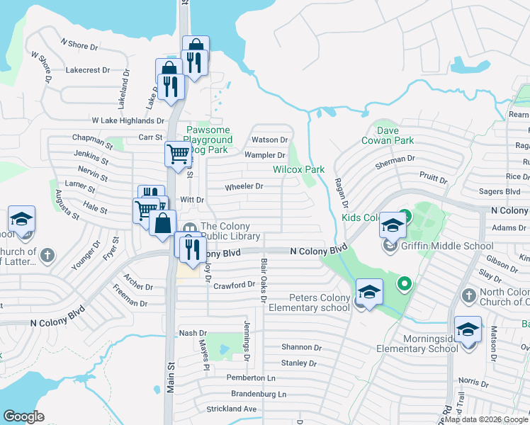 map of restaurants, bars, coffee shops, grocery stores, and more near 4933 Watkins Drive in The Colony