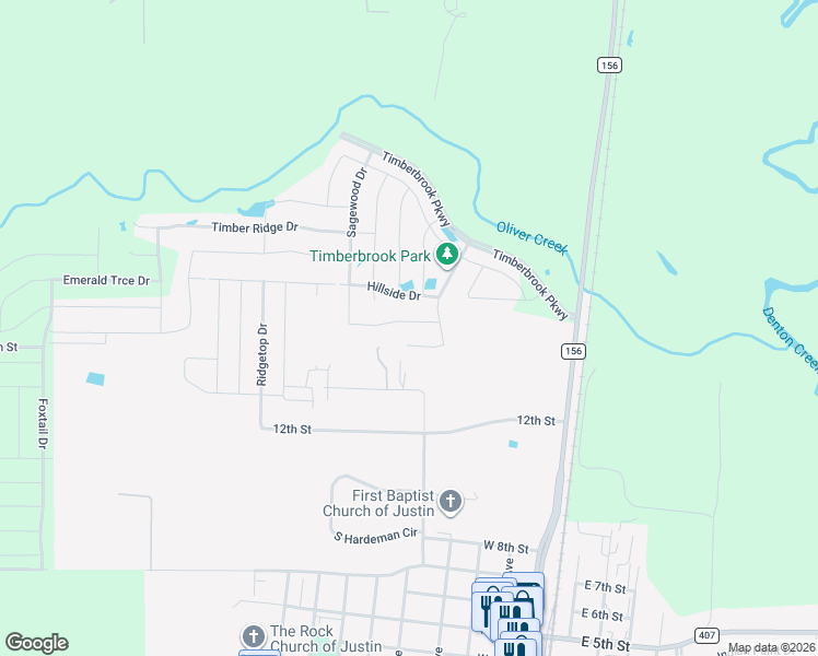 map of restaurants, bars, coffee shops, grocery stores, and more near 510 Ranchwood Drive in Justin