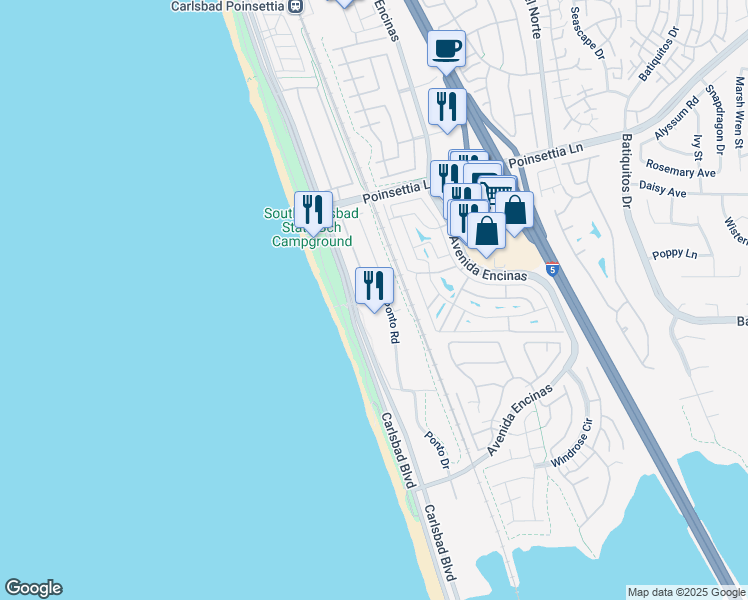 map of restaurants, bars, coffee shops, grocery stores, and more near 2 Ponto Road in Carlsbad