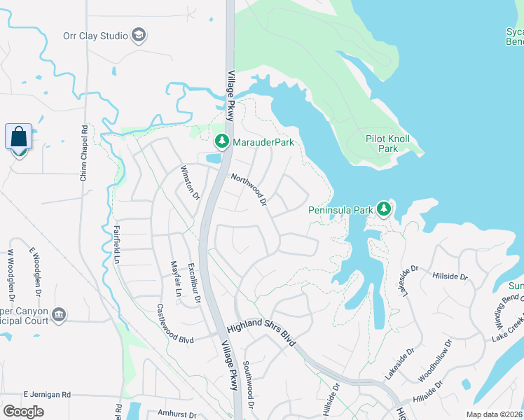 map of restaurants, bars, coffee shops, grocery stores, and more near 3321 Northwood Drive in Highland Village
