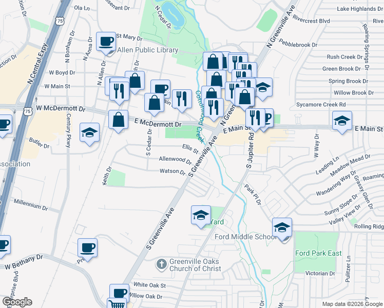 map of restaurants, bars, coffee shops, grocery stores, and more near 408 Ellis Street in Allen