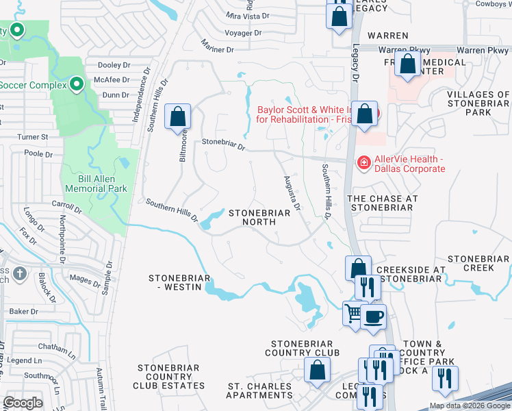 map of restaurants, bars, coffee shops, grocery stores, and more near 1 Innisbrook Court in Frisco
