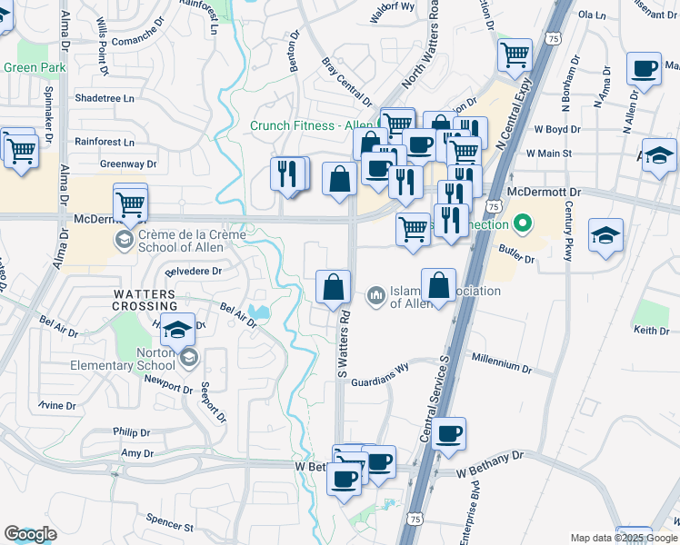 map of restaurants, bars, coffee shops, grocery stores, and more near 270 South Watters Road in Allen