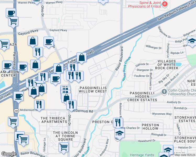 map of restaurants, bars, coffee shops, grocery stores, and more near 8733 Argentine Way in Plano