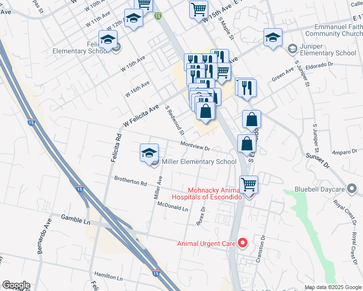 map of restaurants, bars, coffee shops, grocery stores, and more near 715 Montview Drive in Escondido