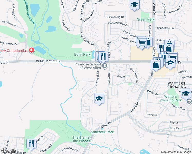 map of restaurants, bars, coffee shops, grocery stores, and more near 201 Venice Court in Allen