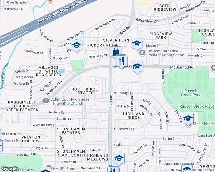 map of restaurants, bars, coffee shops, grocery stores, and more near 8825 Country Glen Crossing in Plano