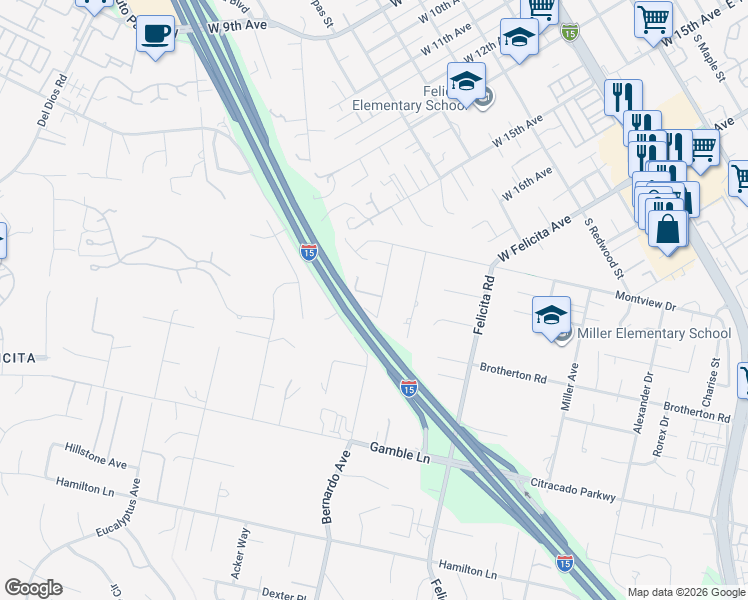 map of restaurants, bars, coffee shops, grocery stores, and more near 1971 Bernardo Avenue in Escondido