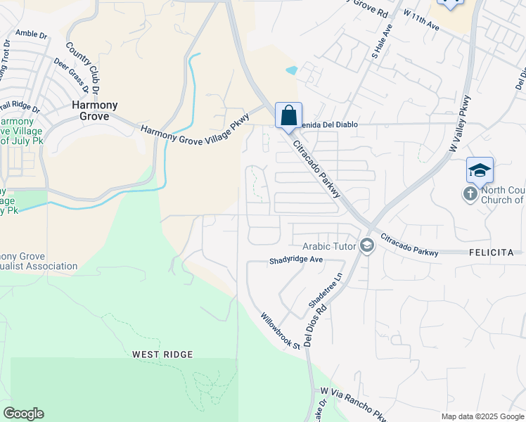 map of restaurants, bars, coffee shops, grocery stores, and more near 2180 Johnston Road in Escondido