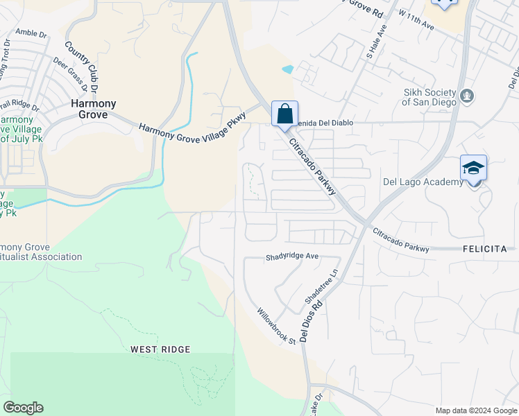 map of restaurants, bars, coffee shops, grocery stores, and more near 2180 Johnston Road in Escondido