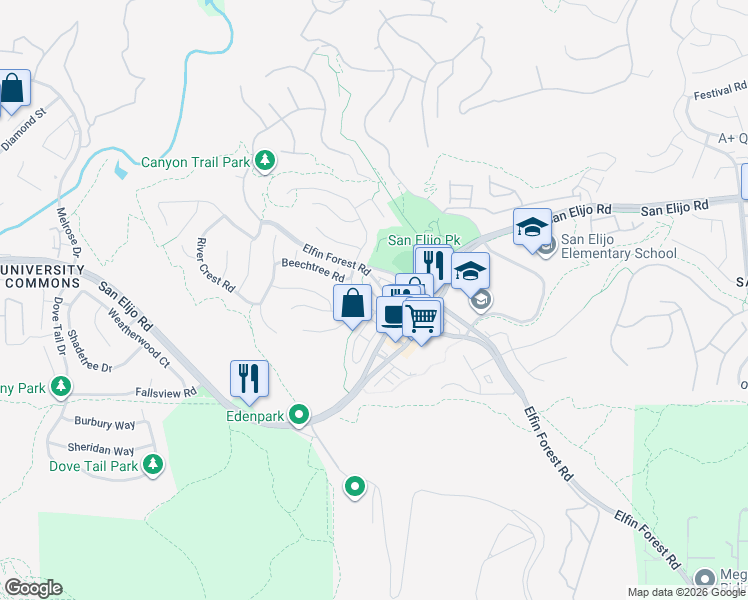 map of restaurants, bars, coffee shops, grocery stores, and more near 1132 Goddard Street in San Marcos