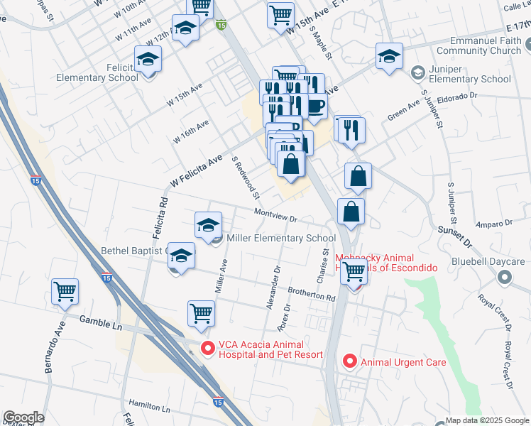 map of restaurants, bars, coffee shops, grocery stores, and more near South Redwood Street & Montview Drive in Escondido